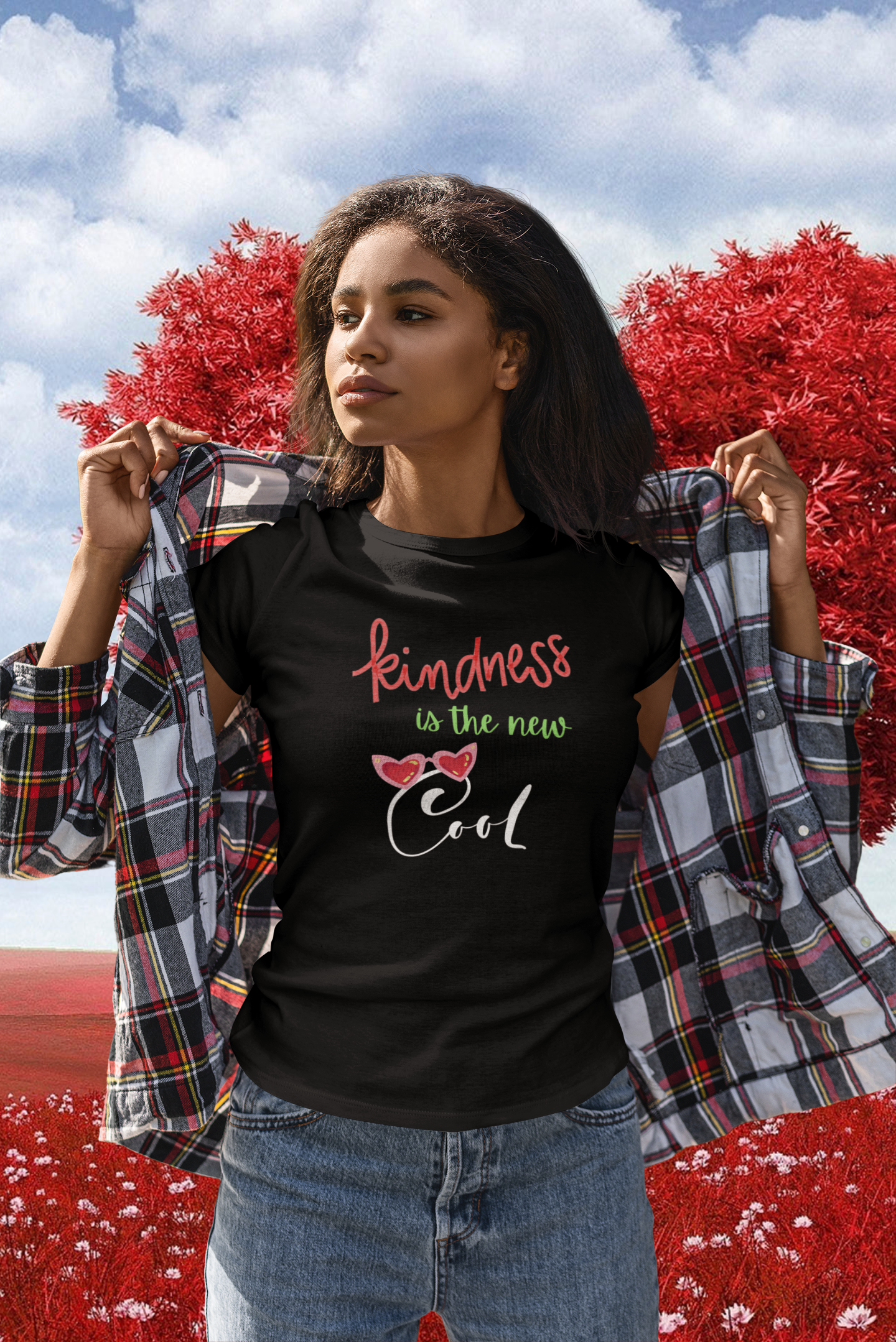 woman standing near tree with red leaves wearing cute tee that reads-Kindness is the New Cool -motivational tshirt, be kind tee, anti bullying tshirt, faith tee, mental health tshirt, nurse week tshirt, many colors available