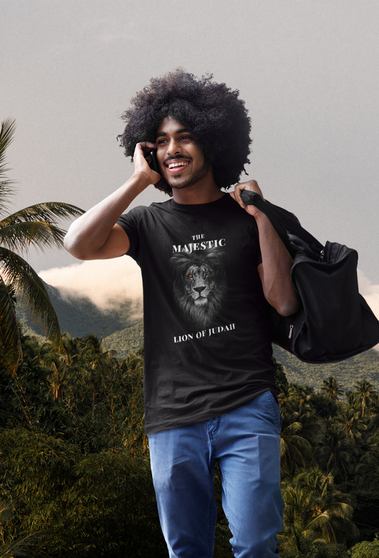 smiling man walking outdoors with duffle bag, wearing tee that reads-The Majestic Lion of Judah- 12 Tribes t-shirt, Hebrew tee, Israelite tshirt, Scripture shirt, Jesus tee, Yahweh shirt, Passover tee, Feast shirt, faith tshirt, House of Israel tee, Inspirational Christian tshirt. 