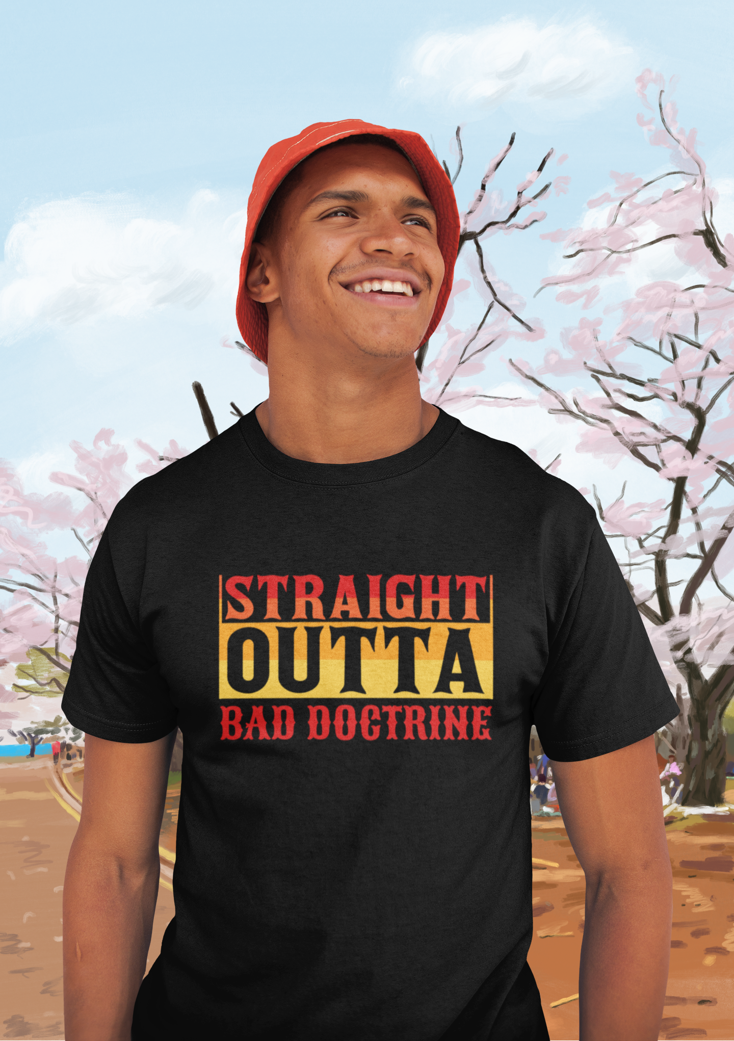 smiling man wearing tshirt that reads-Straight Outta Bad Doctrine-Seminary gift tee, Religious tshirt, Christian gift, Bible study tee, Jesus tee, faith shirt,