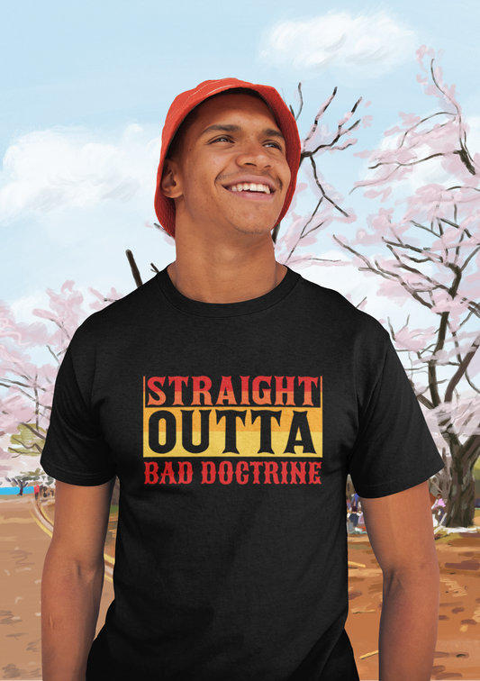 smiling man wearing tshirt that reads-Straight Outta Bad Doctrine-Seminary gift tee, Religious tshirt, Christian gift, Bible study tee, Jesus tee, faith shirt,