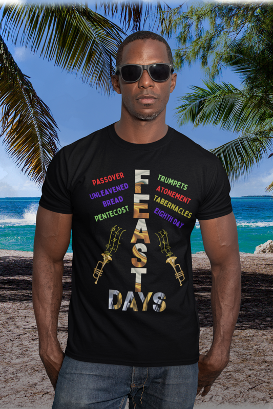 man standing on beach with colorful tee reading-Feast Days religious t-shirt, Bible gift, Jesus shirt, Holy days tshirt, Hebrew tee, Yahweh t-shirt, Scripture tshirt , Christian tshirt, Passover t-shirt *** See matching Mug, Tote, Notebook and Mousepad, Biblica Feast days are written out in different colors