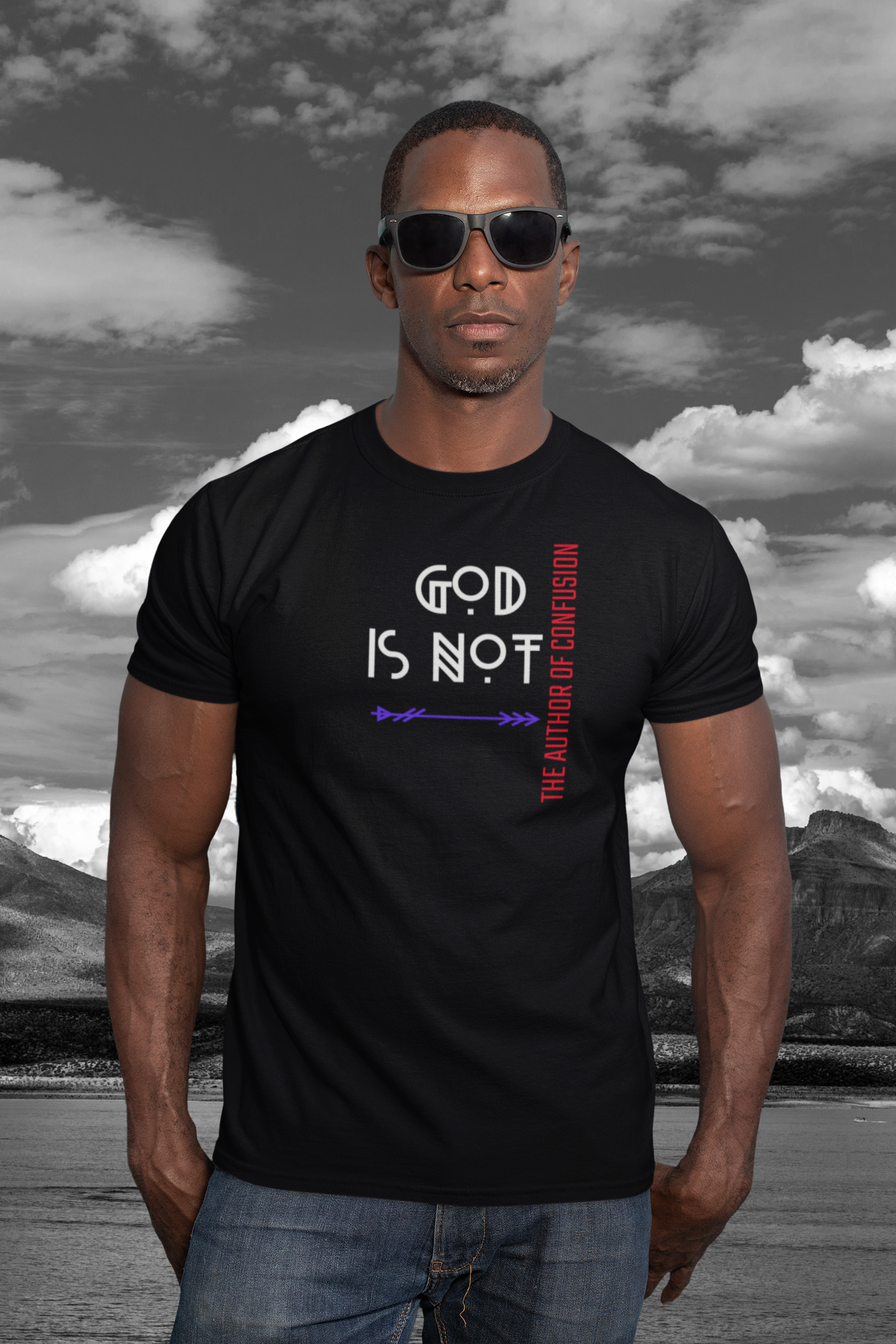 man standing with cloudy sky in background with black tee with red, white and blue writing which reads "God is Not the author of confusion", God is Not the Author of Confusion Christian t-shirt, Bible quote tee, Inspirational tshirt, gift for pastor, church shirt , graphic motivational tee,***See Matching Mug, Mousepad and Notebook.