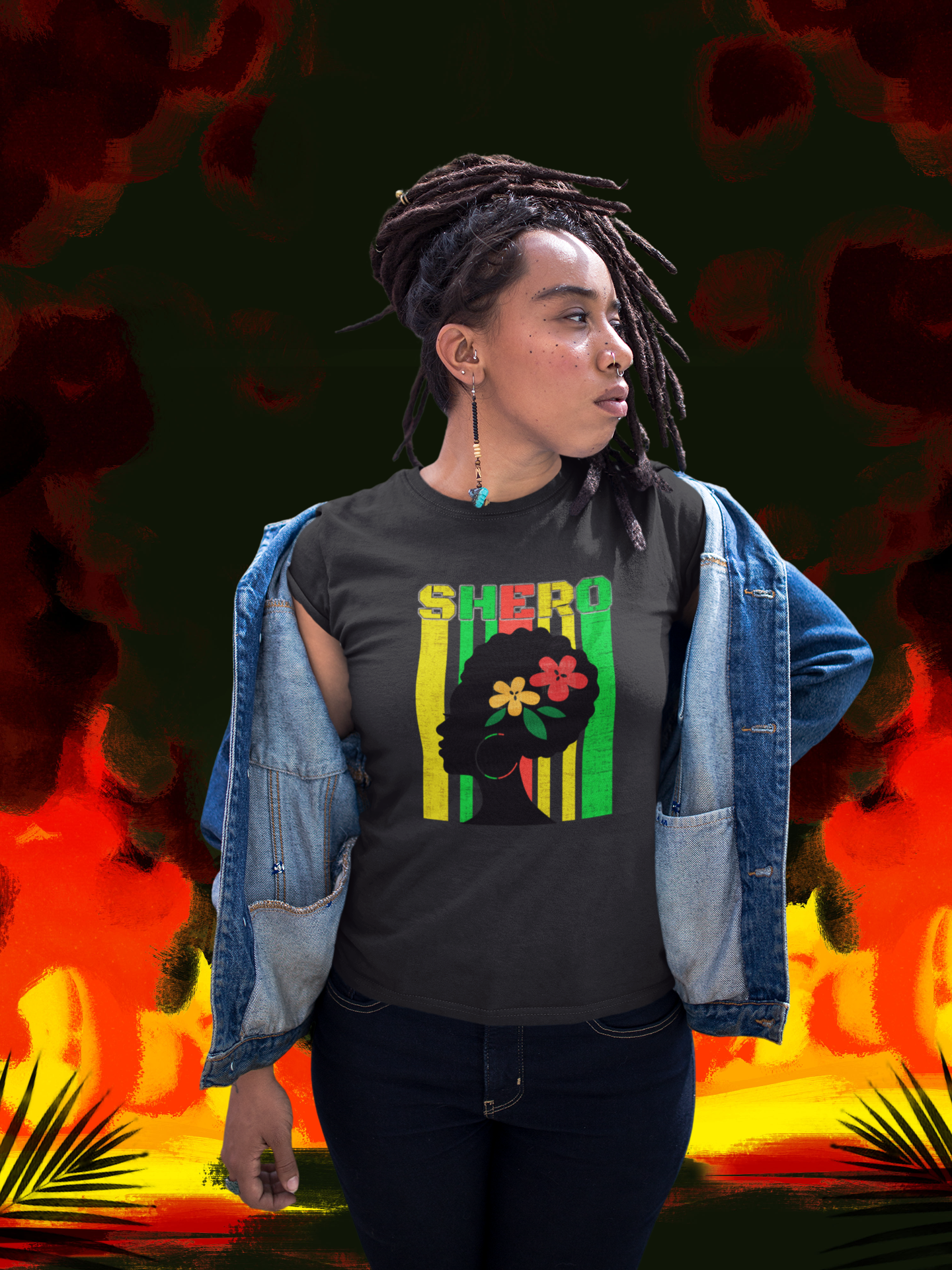 woman standing in front of fiery background wearing tee that reads-Shero - Black history tshirt, Motivational , Black experience tee, Christian women's tshirt, Inspirational Black culture tshirt***See matching Mug, Tote, Notebook and Mousepad,