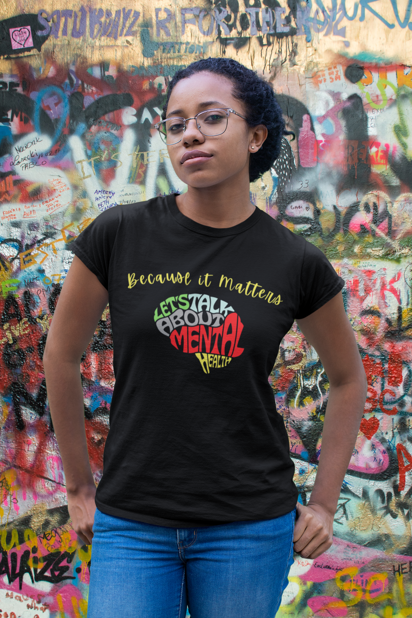 colorful tee with black base, letters forming a brain, and reads :Because it Matters, Let's talk about Mental Health, mental healthcare tee, gift for healthcare workers, nurse shirt, therapy tshirt , motivational tee, inspirational shirt, ***See Matching Mug and Mousepad, 