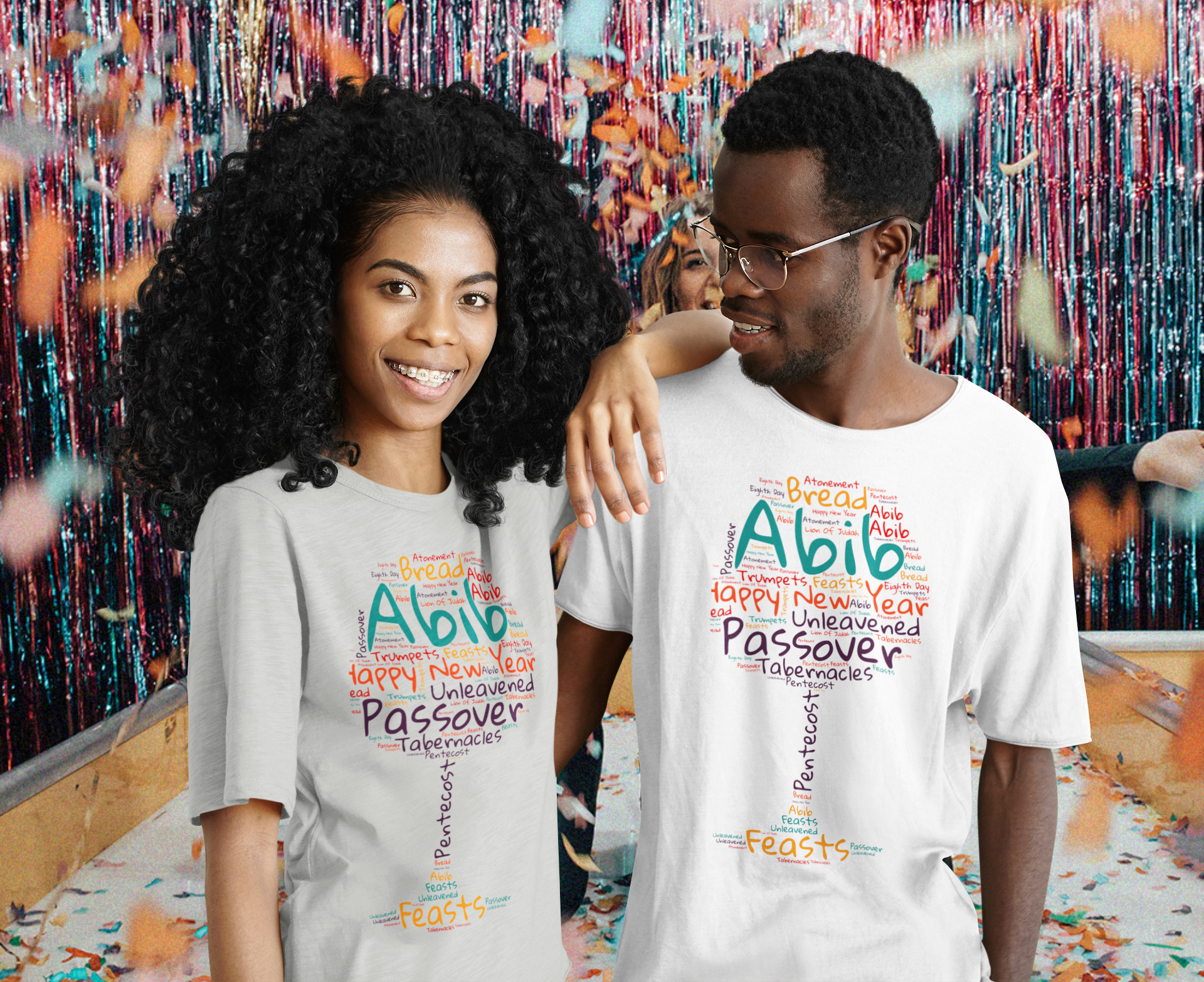 couple with holiday background wearing tee shirt with wine class shaped  word cloud reading Month of Abib and Passover and Happy New Year with the Bible Feasts scattered throughout the wine glass shaped word cloud. perfect New Year tee for Hebrews and  Bible Christians, Happy New Year religious tee, Christian gift tee, Abib tshirt, Jesus shirt, Hebrew tee, Israelite party t-shirt unisex tee, new year tee, Jewish new year t-shirt